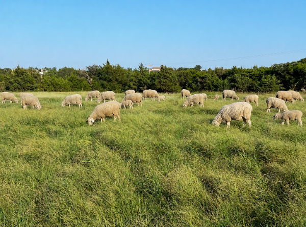 Flock of sheep grazing in pasture at Dunagan Farms